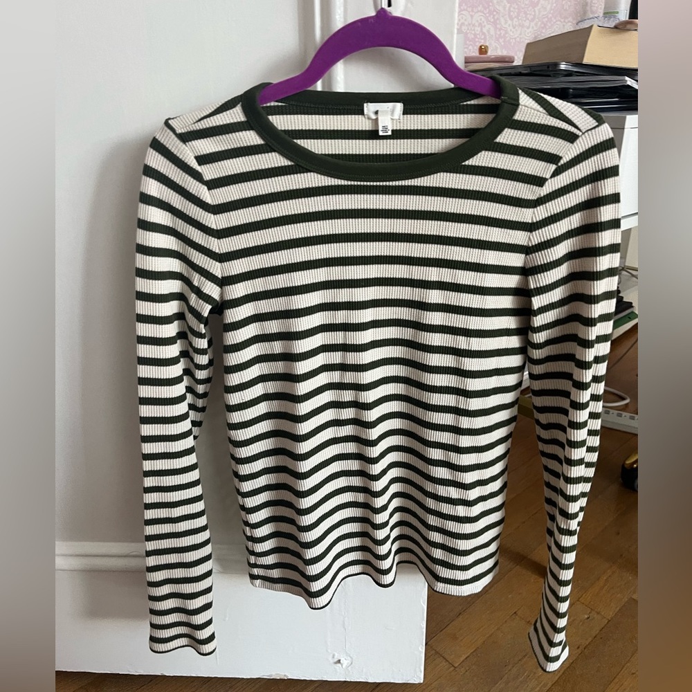 Aerie Green and White Stripe Waffle Long Sleeve